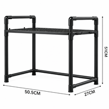 Cargar imagen en el visor de la galería, Estantería para Microondas Organizador de Cocina 2 y 3 Niveles con Ganchos - Soporte Encimera Multiusos Acero (Negro / Blanco)