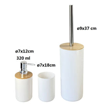 Cargar imagen en el visor de la galería, Juego de Accesorios para Baño de 3 Piezas - Set de Polipropileno y Bambú Natural - Incluye Dosificador de Jabón (320ml), Vaso y Escobilla de Baño - Diseño Nórdico Moderno - Blanco y Negro Mate