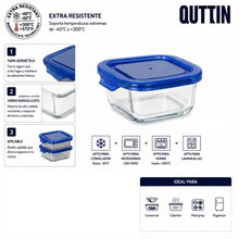 Cargar imagen en el visor de la galería, QUTTIN Set de 3 Fiambreras Hermética de Cristal con Tapa Azul | Táper de Vidrio Borosilicato | Apto para Microondas, Horno, Congelador y Lavavajillas | Rectangular, Cuadrada y Redonda