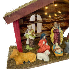 Cargar imagen en el visor de la galería, Nacimiento 9 Piezas de Resina Con Portal Pesebre Madera Con Luz de 8 Bombias de LED Luminoso Belén Para de Decoracion de Navidad