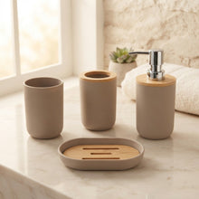 Cargar imagen en el visor de la galería, Juego de Accesorios de Baño 4-5 Piezas de Plástico y Bambú – Accesorios de baño Vaso Portacepillos de Dientes, Dispensador de jabón, Plato de jabón / jabonera, Escobillero de aseo / Cepillo de inodoro
