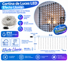 Cargar imagen en el visor de la galería, Cortina Luces LED Efecto Lluvia Multicolor o Blanco, Cable Transparente, 200/300 LED, 3x2 m o 3x3 m