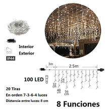 Cargar imagen en el visor de la galería, Cortina de Luces LED de Navidad 100 LED – 2.5 m, 20 Tiras, 8 Funciones interior y exterior