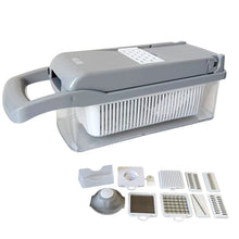 Cargar imagen en el visor de la galería, Cortador Rallador Multifunción Deposito con 5 Múltiples Intercambiables para rallar o Rebenar + 2 Cuchillas Corte a Dados, Mandoa de Cocina