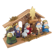 Cargar imagen en el visor de la galería, Portal Nacimiento infantil 1 LED 7 Figuras 28x10x17cm belén figuras pesebre de navidad decoración hogar, 2 modelos, envío de 1 unidad al azar