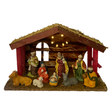 Cargar imagen en el visor de la galería, Nacimiento 9 Piezas de Resina Con Portal Pesebre Madera Con Luz de 8 Bombias de LED Luminoso Belén Para de Decoracion de Navidad
