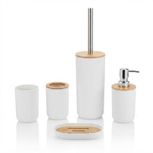 Cargar imagen en el visor de la galería, Juego de Accesorios de Baño 4-5 Piezas de Plástico y Bambú – Accesorios de baño Vaso Portacepillos de Dientes, Dispensador de jabón, Plato de jabón / jabonera, Escobillero de aseo / Cepillo de inodoro