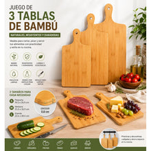 Cargar imagen en el visor de la galería, Juego de 3 Tablas de Cortar de Bambú con Mango | Set de Tablas para Cocina, Cortar, Picar y Servir | 3 Tamaños