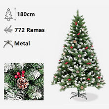 Cargar imagen en el visor de la galería, Árbol de Naviad Artificial con Bayas Rojas, Pinos y Nieve flocado Soporte Metal Para Decoracion de Navidad