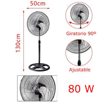 Cargar imagen en el visor de la galería, Ventilador de Pie Industrial - Ventilador Silencioso Redondo Oscilante - 3 Velocidades - Cabezal Inclinable - Potencia de 80W - 1,30 m x Ø50 cm