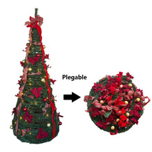 Cargar imagen en el visor de la galería, Árbol de Navidad Plegable con Luces LED Cálidas Decorado con Flores, Lazos y Bolas Dradas y Rojas para Interior y Exterior IP44 - Gerimport