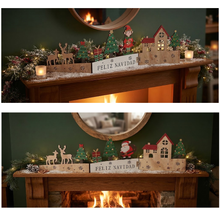 Cargar imagen en el visor de la galería, Surtido de Adornos Navideños de Madera Plegables con Diseño de Pueblo, Reno y Mensaje "Feliz Navidad" - Decoración de Mesa Estilo Nórdico (57x17 cm, Pack de 2 Modelos Surtidos)