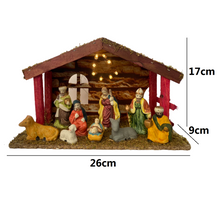 Cargar imagen en el visor de la galería, Nacimiento 9 Piezas de Resina Con Portal Pesebre Madera Con Luz de 8 Bombias de LED Luminoso Belén Para de Decoracion de Navidad