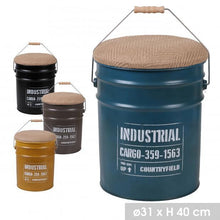 Cargar imagen en el visor de la galería, Baril , Bidon, Puff de almacenamiento metal con tapa de asiento de Yute y asa 32 x 39.5 cm