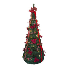 Cargar imagen en el visor de la galería, Árbol de Navidad Plegable con Luces LED Cálidas Decorado con Flores, Lazos y Bolas Dradas y Rojas para Interior y Exterior IP44 - Gerimport