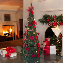 Cargar imagen en el visor de la galería, Árbol de Navidad Plegable con Luces LED Cálidas Decorado con Flores, Lazos y Bolas Dradas y Rojas para Interior y Exterior IP44 - Gerimport