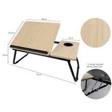 Cargar imagen en el visor de la galería, Mesita Multiuso Plegable de Madera – Escritorio Portátil para Cama o Sofá con Soporte Ajustable, Portavasos y Patas Plegables (55x32,5x25 cm)
