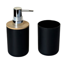 Cargar imagen en el visor de la galería, Juego de Accesorios para Baño de 3 Piezas - Set de Polipropileno y Bambú Natural - Incluye Dosificador de Jabón (320ml), Vaso y Escobilla de Baño - Diseño Nórdico Moderno - Blanco y Negro Mate