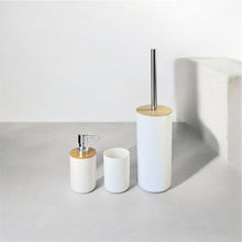 Cargar imagen en el visor de la galería, Juego de Accesorios para Baño de 3 Piezas - Set de Polipropileno y Bambú Natural - Incluye Dosificador de Jabón (320ml), Vaso y Escobilla de Baño - Diseño Nórdico Moderno - Blanco y Negro Mate