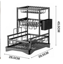 Cargar imagen en el visor de la galería, Estantería Escurridor de Platos de 3 Niveles para Cocina | Estructura Metálica con Bandeja de Plástico, Porta Cubiertos y Soportes Multifuncionales