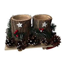 Cargar imagen en el visor de la galería, Portavelas Navideño Rústico de Madera con Piñas Nevadas, Bayas y Estrellas – Decoración Navideña Centro de Mesa para Hogar, 24x16x14 cm