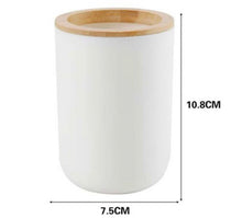 Cargar imagen en el visor de la galería, Juego de Accesorios de Baño 4 Piezas de Plástico y Bambú – Vaso Portacepillos, Dispensador de Jabón, Jabonera y Vaso Organizador - Maxia Market