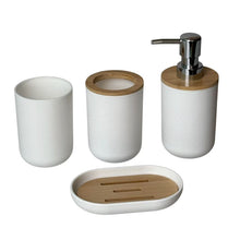 Cargar imagen en el visor de la galería, Juego de Accesorios de Baño 4 Piezas de Plástico y Bambú – Vaso Portacepillos, Dispensador de Jabón, Jabonera y Vaso Organizador - Maxia Market