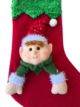 Cargar imagen en el visor de la galería, Set de 2 Calcetines Navideños 3D de Elfo con Lentejuelas - Botas de Navidad Colgantes de Poliéster (26x45 cm)