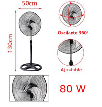 Cargar imagen en el visor de la galería, Ventilador de Pie Industrial - Ventilador Silencioso Redondo Oscilante - 3 Velocidades - Cabezal Inclinable - Potencia de 80W - 1,30 m x Ø50 cm