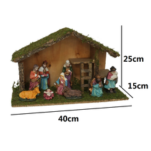 Cargar imagen en el visor de la galería, Portal de Nacimiento con Figuras de Resina Pesebre de Madera Belen para Decoracion de Navidad 15x40x25 cm