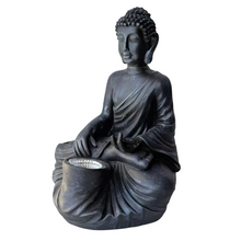 Cargar imagen en el visor de la galería, Figura de Buda Sentado Negro con Luz Solar LED RESINA 28X21,5X21,5 CM Para Decoración de Jardín Exterior IP44