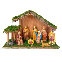Cargar imagen en el visor de la galería, Portal de Nacimiento con Figuras de Resina Pesebre de Madera Belen para Decoracion de Navidad 15x40x25 cm