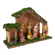 Cargar imagen en el visor de la galería, Portal de Nacimiento con Figuras de Resina Pesebre de Madera Belen para Decoracion de Navidad 15x40x25 cm