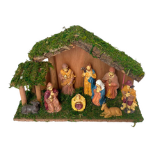 Cargar imagen en el visor de la galería, Portal de Nacimiento con Figuras de Resina Pesebre de Madera Belen para Decoracion de Navidad 15x40x25 cm