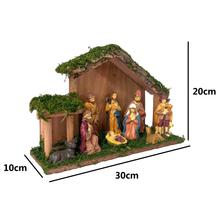 Cargar imagen en el visor de la galería, Portal de Nacimiento con Figuras de Resina Pesebre de Madera Belen para Decoracion de Navidad 15x40x25 cm