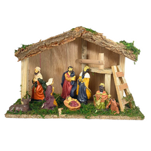 Cargar imagen en el visor de la galería, Portal de Nacimiento con Figuras de Resina Pesebre de Madera Belen para Decoracion de Navidad 15x40x25 cm