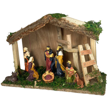 Cargar imagen en el visor de la galería, Portal de Nacimiento con Figuras de Resina Pesebre de Madera Belen para Decoracion de Navidad 15x40x25 cm