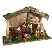 Cargar imagen en el visor de la galería, Portal de Nacimiento con Figuras de Resina Pesebre de Madera Belen para Decoracion de Navidad 15x40x25 cm