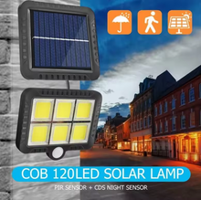 Cargar imagen en el visor de la galería, Luz Solar Con Sensor De Movimiento Lámpara Foco de LED Solar 120 COB 3 Funciones para Exterior Jardín Terraza Patio Balcon