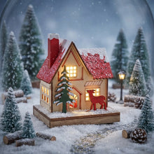 Cargar imagen en el visor de la galería, Casita Nevada de Madera con Luz LED - Decoración Navideña para Pueblo, Figura Iluminada para Interior, Pilas Incluidas