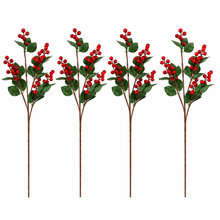 Cargar imagen en el visor de la galería, Set de 4 Varas Decorativas con Bayas Rojas y Hojas Verdes para Navidad – 65 cm