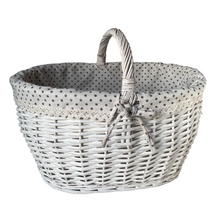 Cargar imagen en el visor de la galería, Cesta Mimbre Oval con PUNTILLA Grande Blanco 46 x 33 x 25 con asa 35 cm