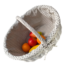 Cargar imagen en el visor de la galería, Cesta Mimbre Oval con PUNTILLA Grande Blanco 46 x 33 x 25 con asa 35 cm
