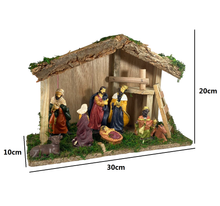 Cargar imagen en el visor de la galería, Portal de Nacimiento con Figuras de Resina Pesebre de Madera Belen para Decoracion de Navidad 15x40x25 cm