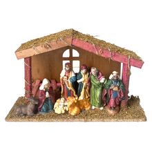 Cargar imagen en el visor de la galería, Nacimiento 8 Piezas de Resina Con Portal Pesebre Madera Con 20 Luz LED Calida Luminoso Belén Para de Decoracion de Navidad