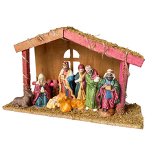Cargar imagen en el visor de la galería, Nacimiento 8 Piezas de Resina Con Portal Pesebre Madera Con 20 Luz LED Calida Luminoso Belén Para de Decoracion de Navidad
