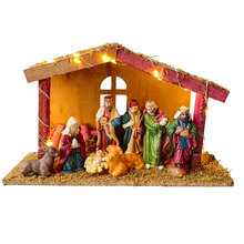 Cargar imagen en el visor de la galería, Nacimiento 8 Piezas de Resina Con Portal Pesebre Madera Con 20 Luz LED Calida Luminoso Belén Para de Decoracion de Navidad