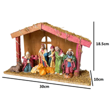 Cargar imagen en el visor de la galería, Nacimiento 8 Piezas de Resina Con Portal Pesebre Madera Con 20 Luz LED Calida Luminoso Belén Para de Decoracion de Navidad