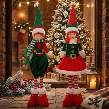 Cargar imagen en el visor de la galería, Muñecos Duendes de Navidad Peluche (49 cm / 59 cm) – Pareja de Elfos Navideños de Pie / Sentados con Patas Largas (Rojo y Verde)