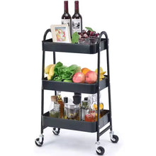 Cargar imagen en el visor de la galería, Carro de almacenamiento de 3 niveles, carrito de 3 pisos con ruedas giratorias de 360° - Negro